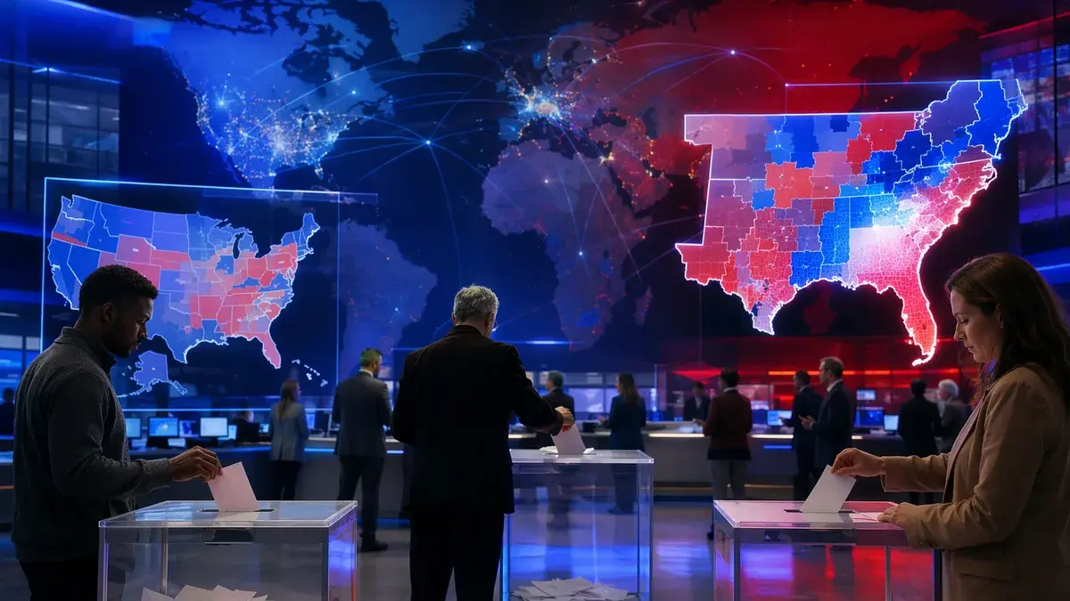 Anonymous voters and glowing maps symbolize 2026 primary elections and political influence.