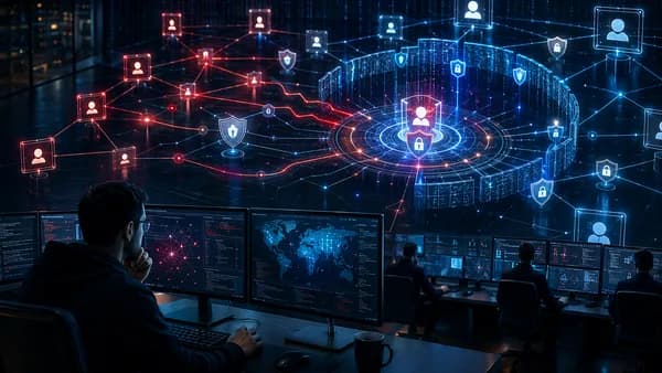 Cybersecurity hero showing attack paths through a protected enterprise identity network.