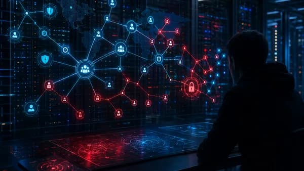 Red team analyst viewing glowing identity attack paths in a dark cybersecurity operations scene