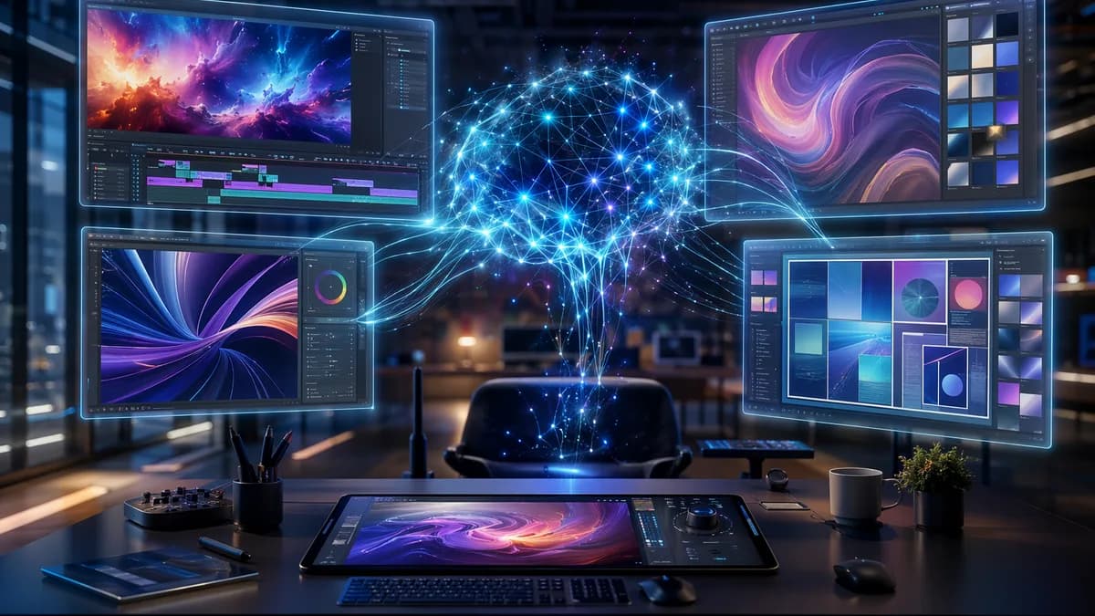 Futuristic creative workspace with AI neural network connecting video, design, and layout screens.