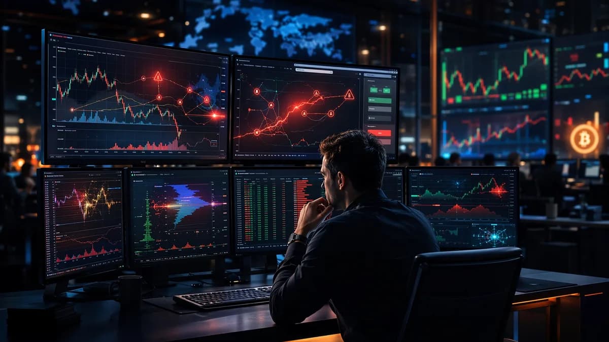 Trader monitors complex market data and risk signals on an advanced trading platform.