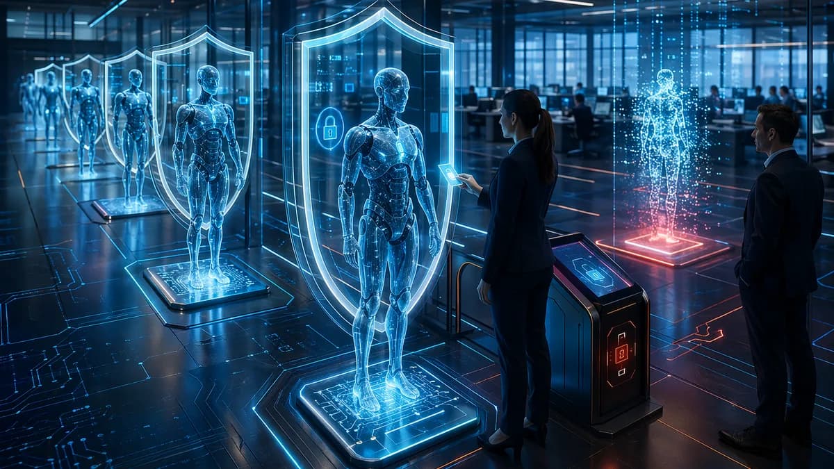 AI agents receiving secure digital identities behind shields in a dark cybersecurity office