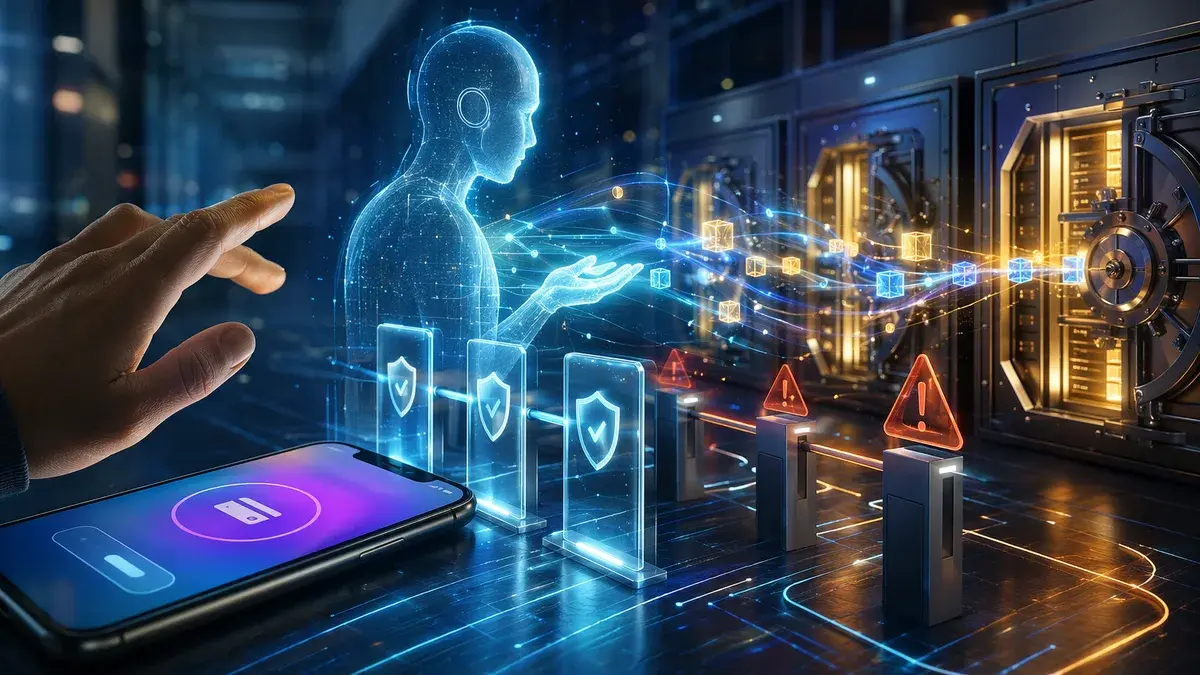 AI agent moving digital payments through a banking system while a user hesitates over a smartphone.