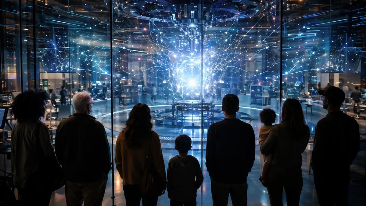People cautiously observe a glowing AI core in a futuristic tech workspace, symbolizing concern over rapid AI growth.