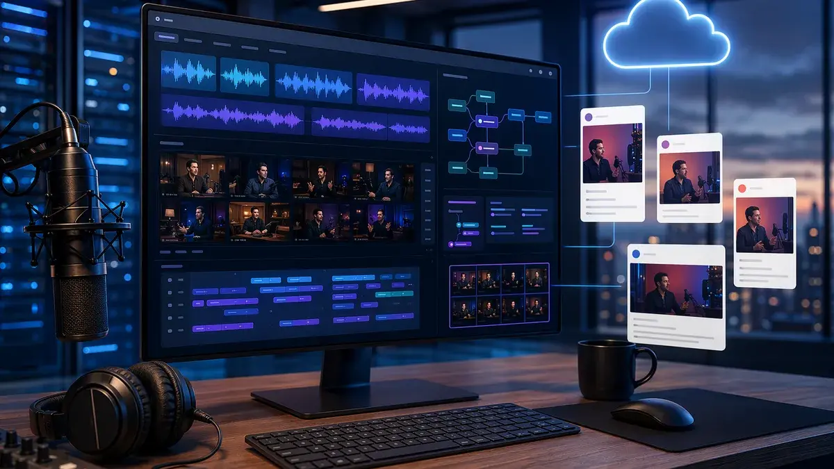 AI podcast clipping SaaS dashboard with microphone, clip panels, waveform blocks, and cloud infrastructure