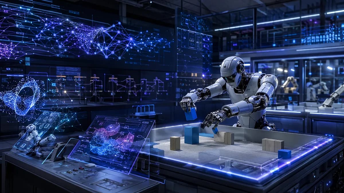 AI system guiding a robot training loop in a futuristic robotics lab