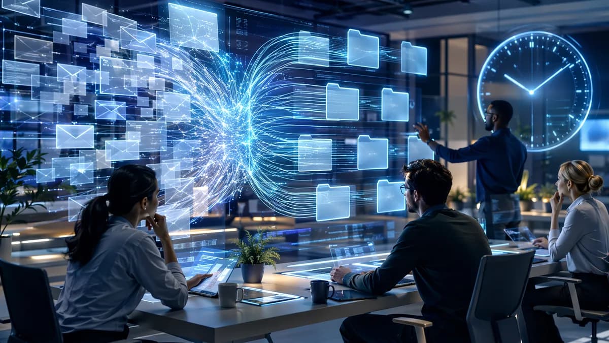 AI system organizing chaotic email streams in a futuristic tech workspace.