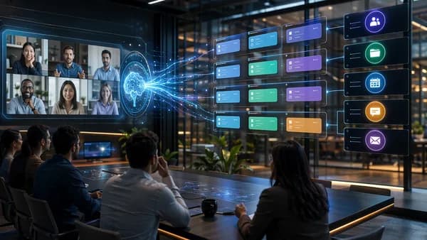AI workflow turns meeting notes into organized tasks across a futuristic team workspace.