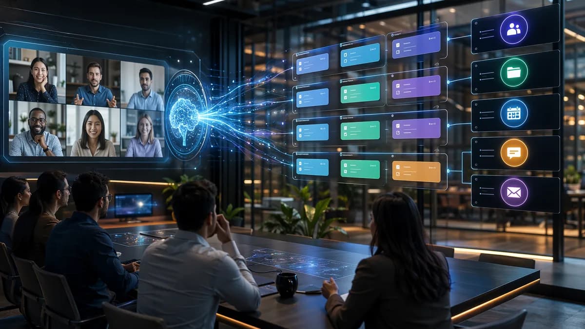 AI workflow turns meeting notes into organized tasks across a futuristic team workspace.