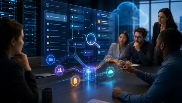 AI meeting assistant dashboard organizing tasks, search, integrations, and project memory in a modern SaaS workspace.