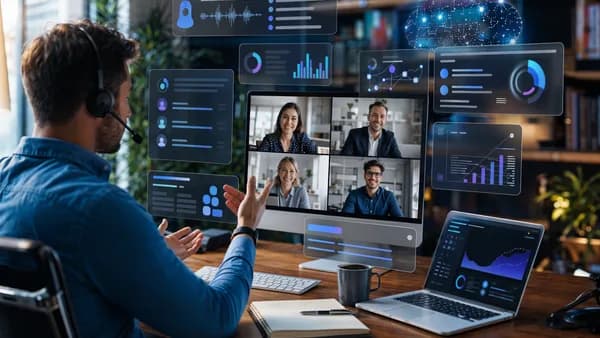 Remote sales rep using AI meeting assistant with abstract CRM and coaching dashboards