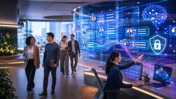 AI meeting assistant organizing follow-ups, tasks, CRM flows, and privacy signals in a futuristic workspace
