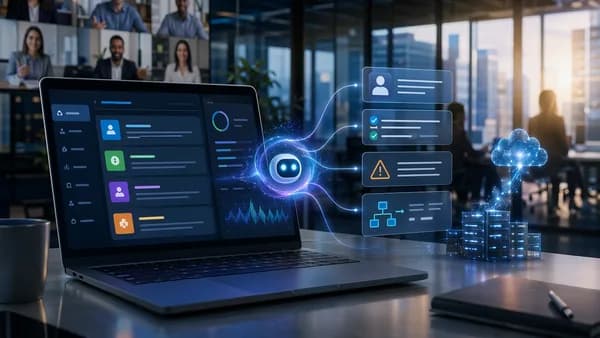 AI assistant organizing sales meeting notes into CRM follow-ups on a modern SaaS dashboard