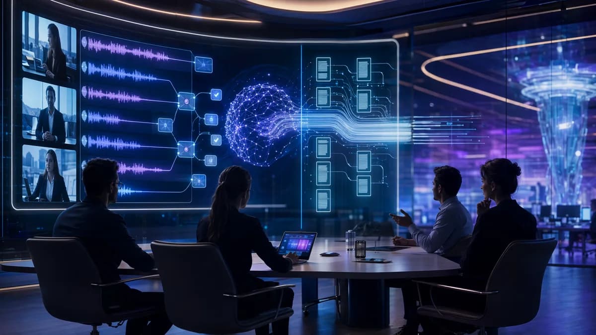 Futuristic meeting room showing AI-organized notes and transcript data streams on abstract screens.