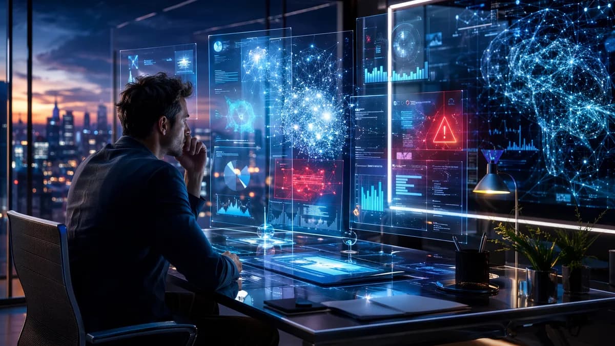 Founder reviews AI-generated pitch deck visuals in a futuristic startup workspace.
