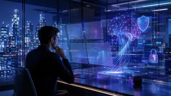 Founder reviews a secure AI-analyzed pitch deck in a futuristic privacy-focused tech workspace.
