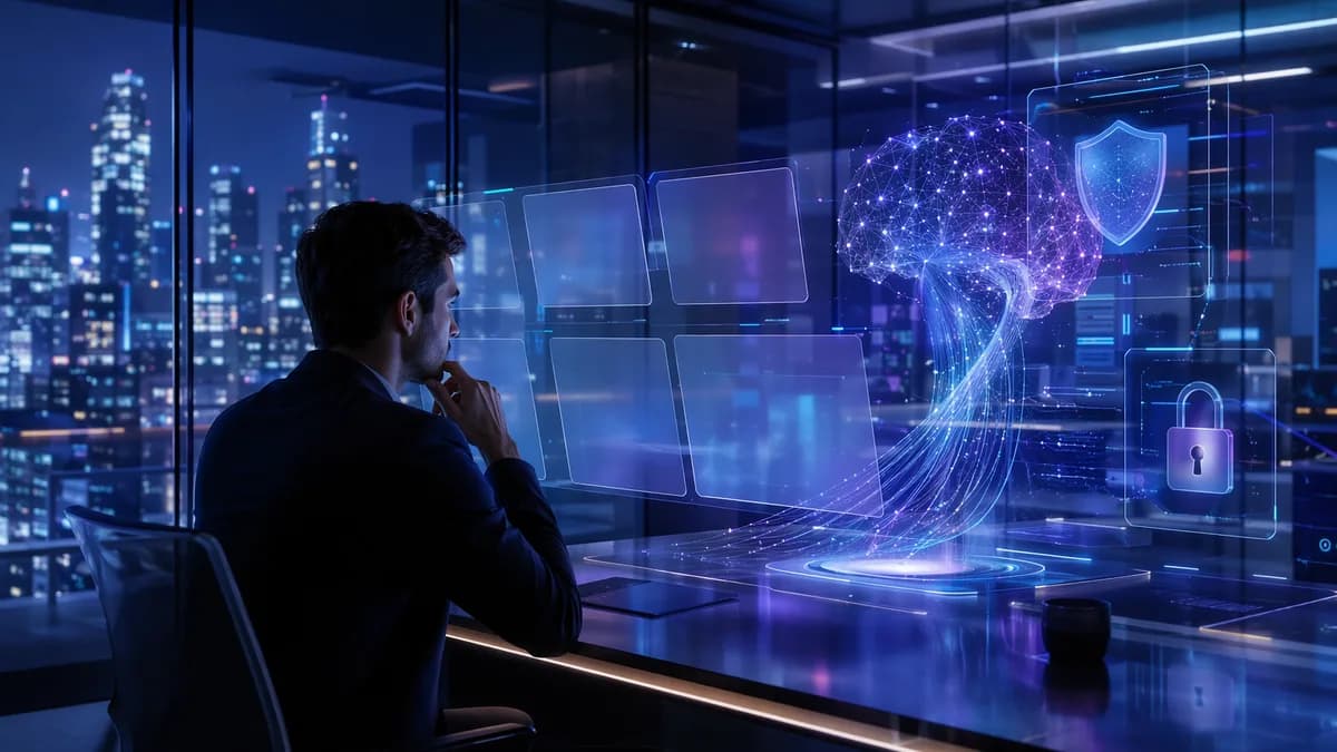 Founder reviews a secure AI-analyzed pitch deck in a futuristic privacy-focused tech workspace.