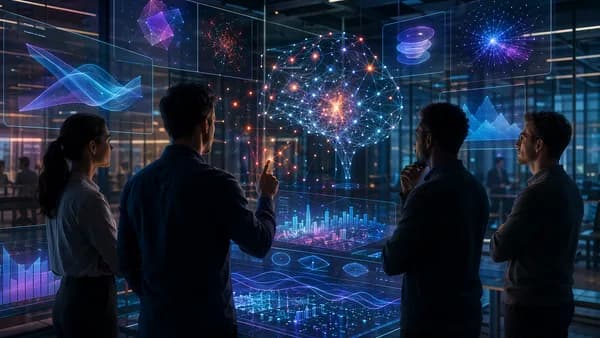AI reviewing a founder pitch deck in a futuristic workspace, highlighting hidden gaps and investor readiness.