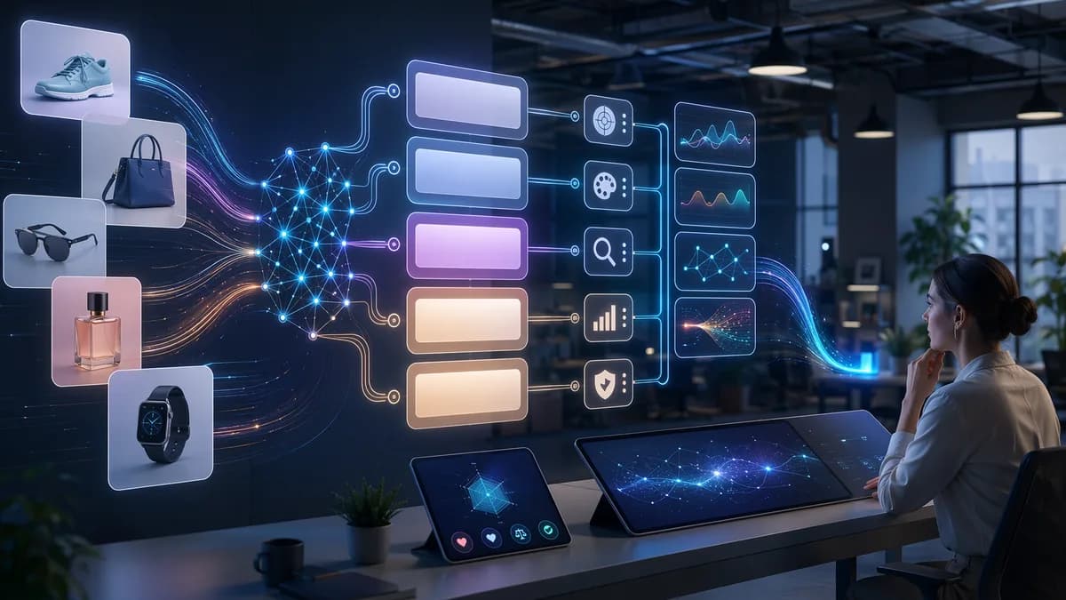AI tools automating product description workflows in a futuristic tech workspace