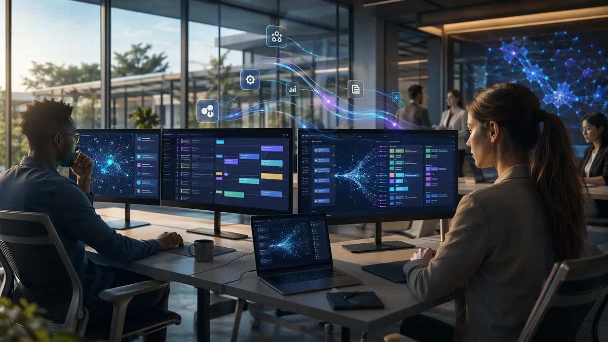 Consultants using AI workflow tools in a futuristic workspace to automate busywork and boost productivity