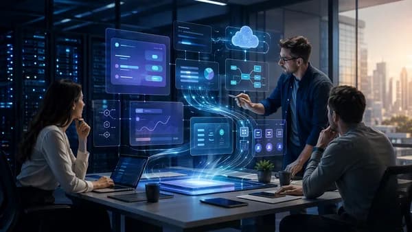 Small team using integrated AI productivity tools with cloud workflow visuals in a modern office