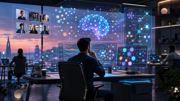 Futuristic AI workspace connecting remote teams with streamlined productivity tools and human oversight.