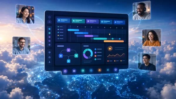 AI project management dashboard organizing remote team tasks in a cloud workspace