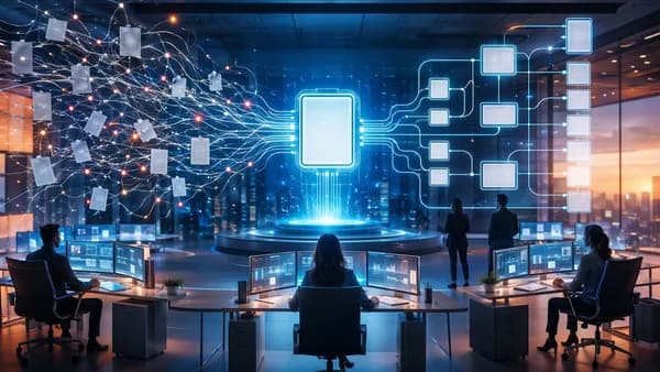 Futuristic AI workspace organizing chaotic workflows into connected automation systems