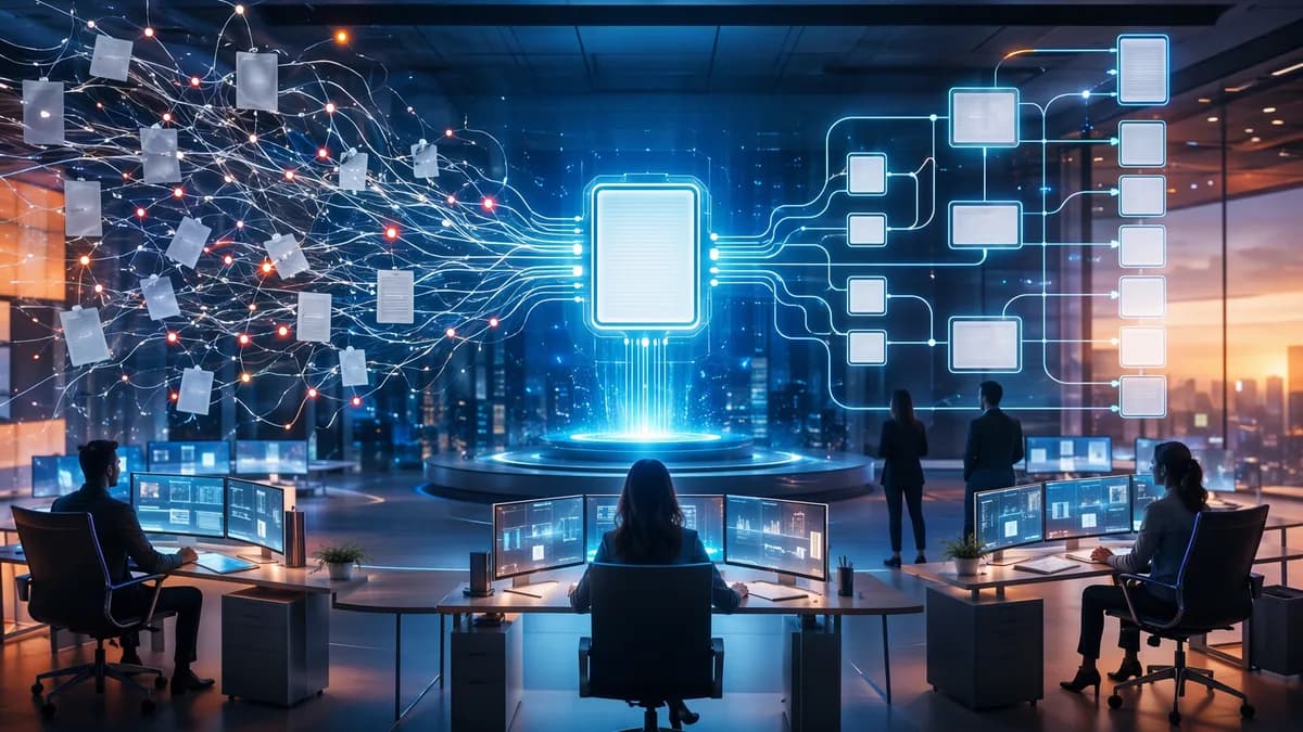 Futuristic AI workspace organizing chaotic workflows into connected automation systems