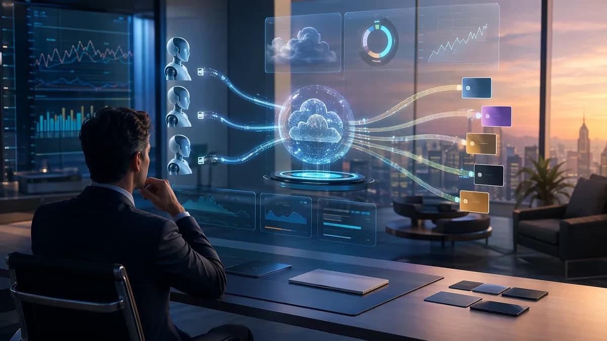 Finance leader tracking abstract AI agent spending flows in a futuristic fintech office