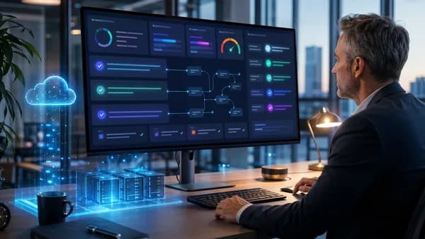 Manager reviews AI-generated status workflow dashboard in a modern SaaS office.
