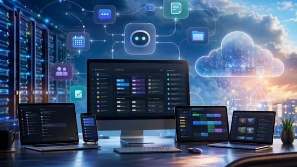 AI task management dashboard connecting cloud workflows and productivity tools in a modern SaaS workspace