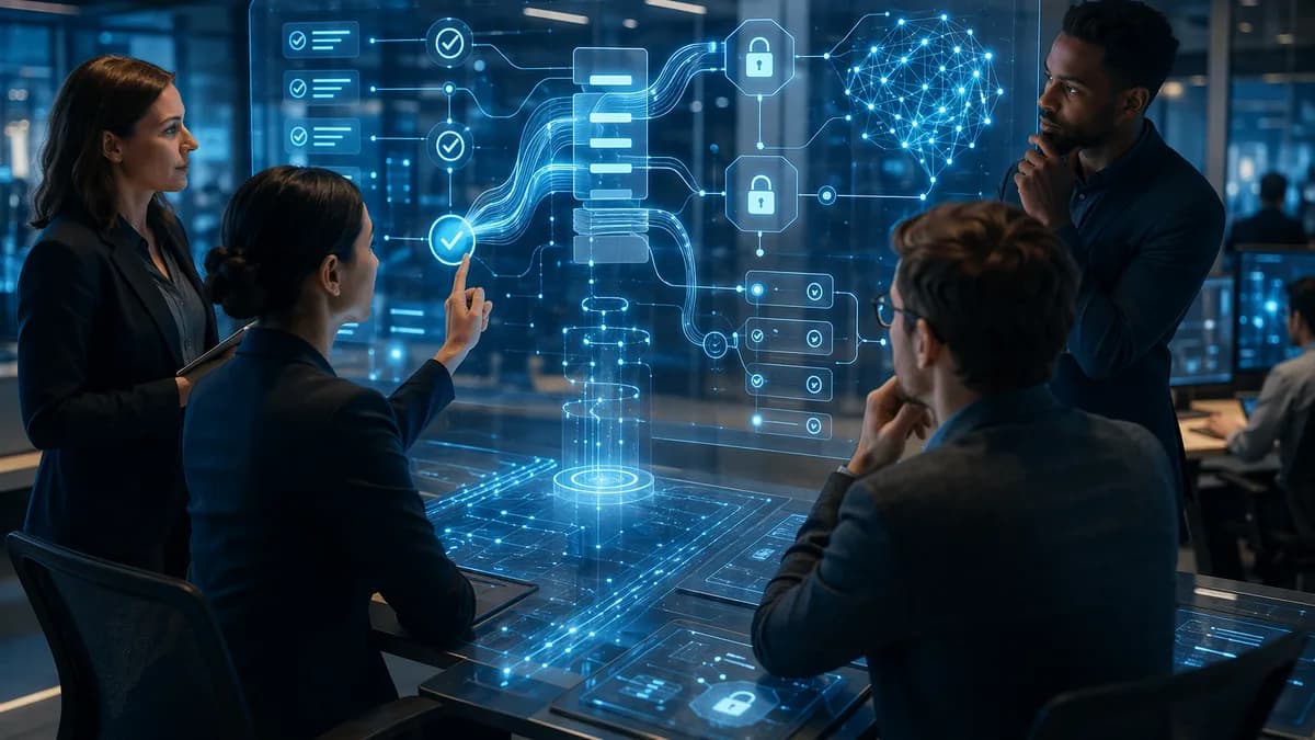 Compliance analysts review secure AI audit trails in a futuristic technology workspace.