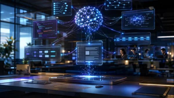 AI-powered documentation workflow in a futuristic tech workspace with connected screens and neural networks