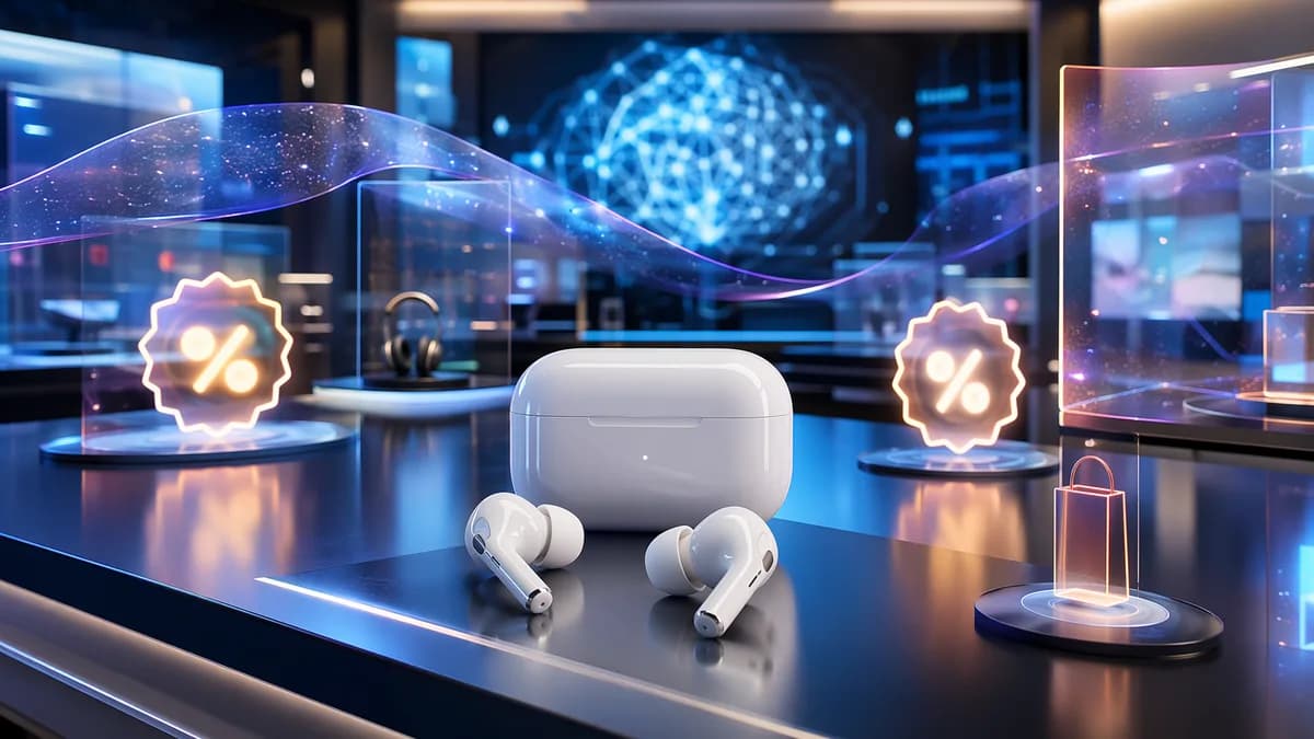 Premium wireless earbuds in a futuristic tech retail setting with abstract deal visuals.
