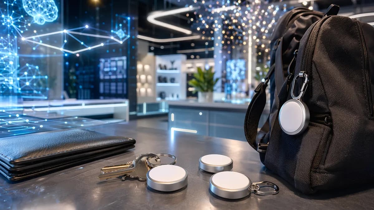 Small wireless item trackers on a futuristic desk with holographic tech screens and circuits.