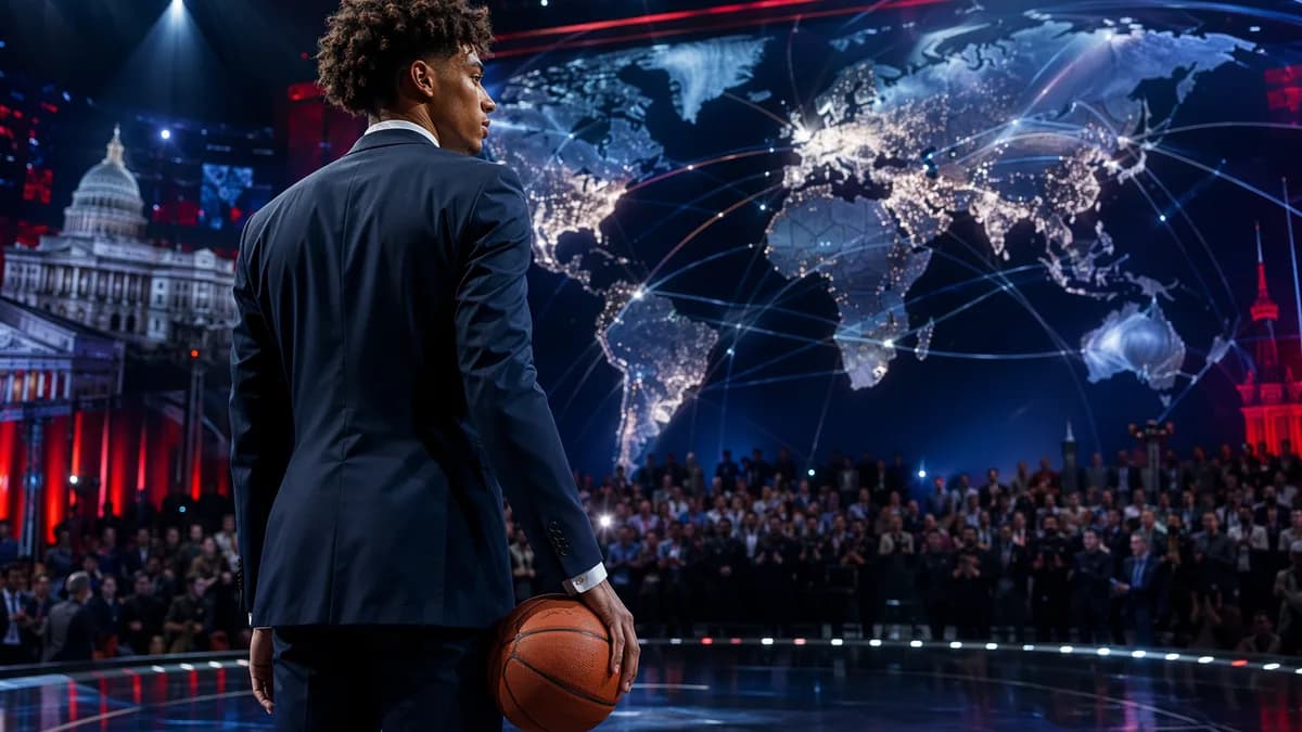 Young basketball prospect on draft stage with global map and arena lights