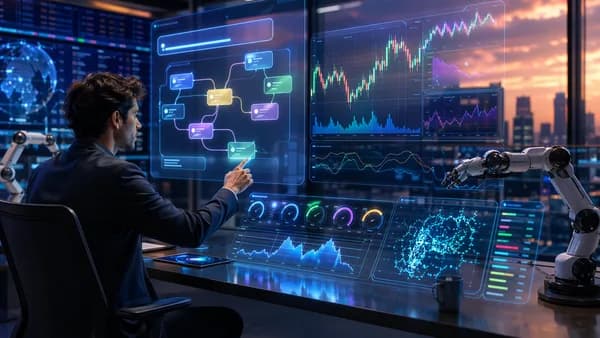 AI-powered no-code trading dashboard automating crypto bots with market charts and risk controls