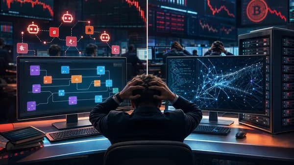 Algorithmic trading bots compared on a crypto trading desk with falling market charts and automation visuals.