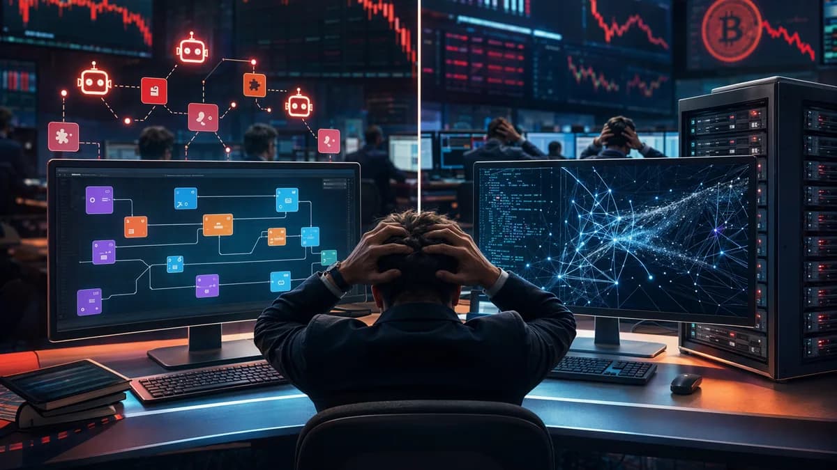 Algorithmic trading bots compared on a crypto trading desk with falling market charts and automation visuals.