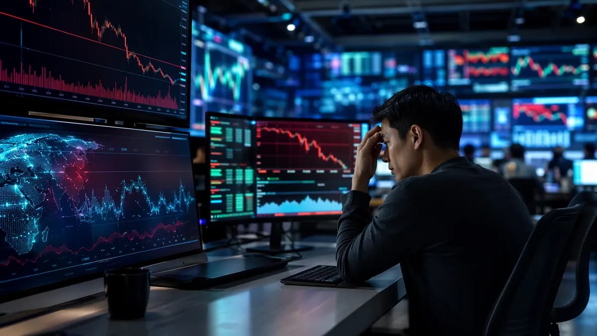 Worried retail trader facing automated trading screens with falling market charts and crypto data.