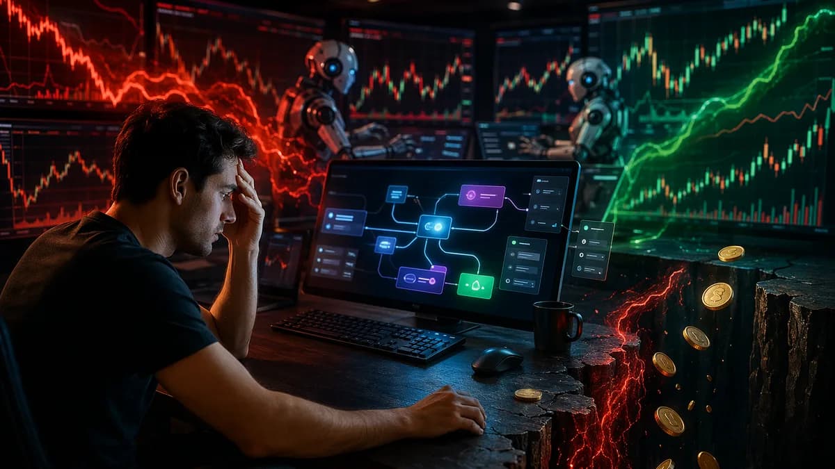 Beginner trader faces risky automated crypto trading dashboards as market visuals turn volatile.