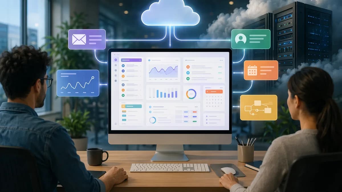 Unified marketing SaaS dashboard consolidating multiple tools for a small team in a modern workspace