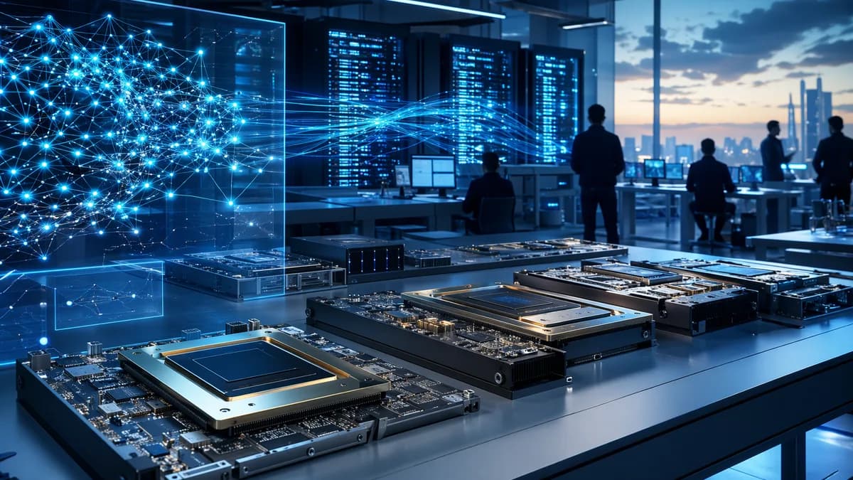 Futuristic AI chip lab with glowing servers and neural network displays, no branding.