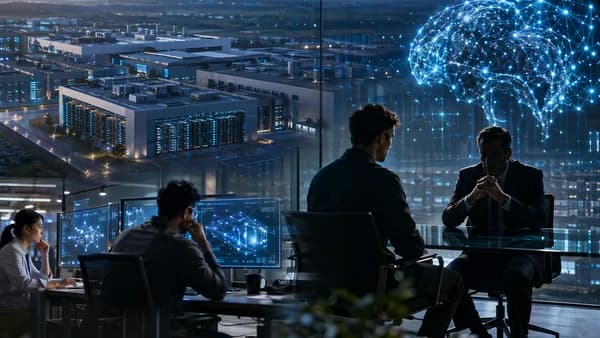 Engineers in a futuristic workspace facing scrutiny over data center limits
