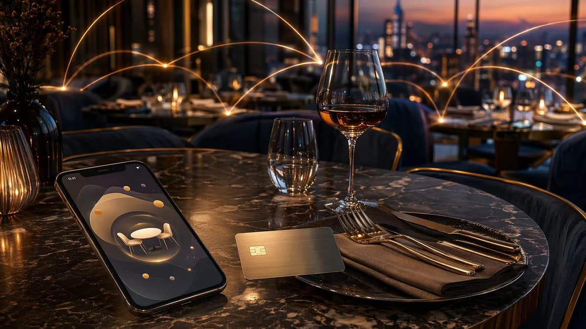 Premium card and reservation app on an upscale restaurant table, suggesting fintech dining acquisition