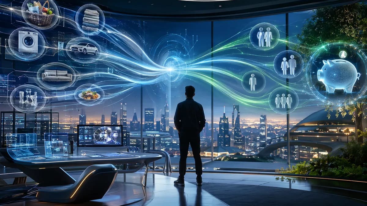 Entrepreneur in futuristic tech hub visualizing AI tools lowering household costs and monthly bills.
