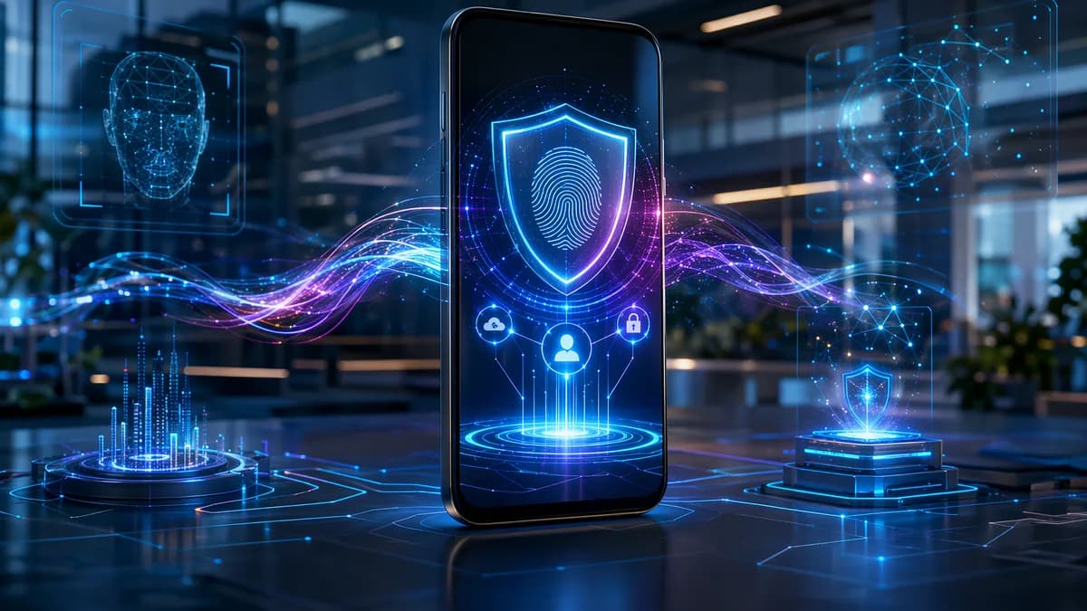 Unbranded smartphone with glowing AI security shields in a futuristic tech workspace
