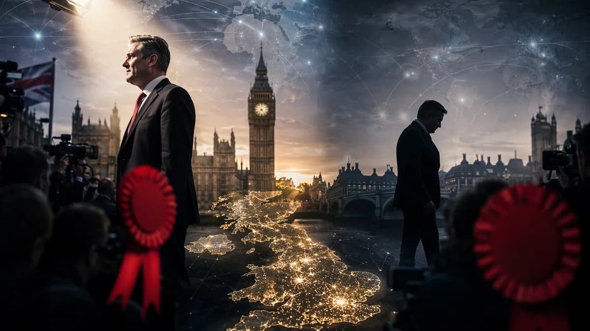 Generic UK political leadership crisis scene with UK map, parliament, press cameras, and global connections.