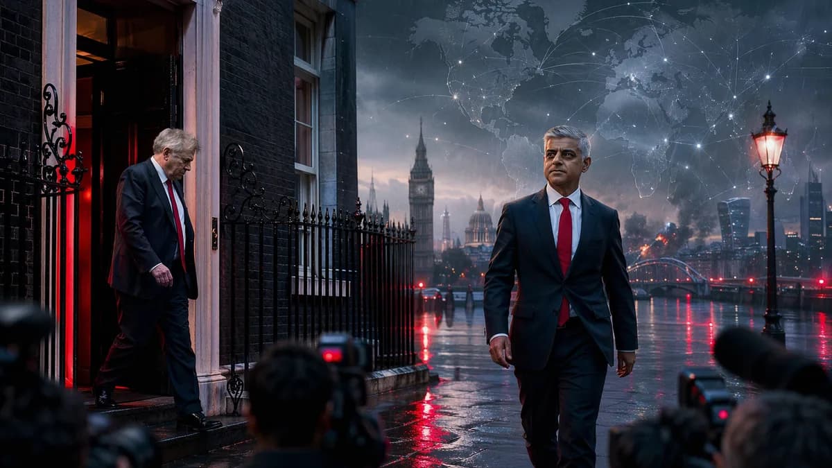 Symbolic UK political handover outside Downing Street with global map and press silhouettes.